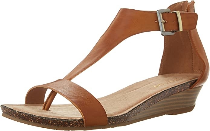 A thing sandal with a buckle closure around the ankle