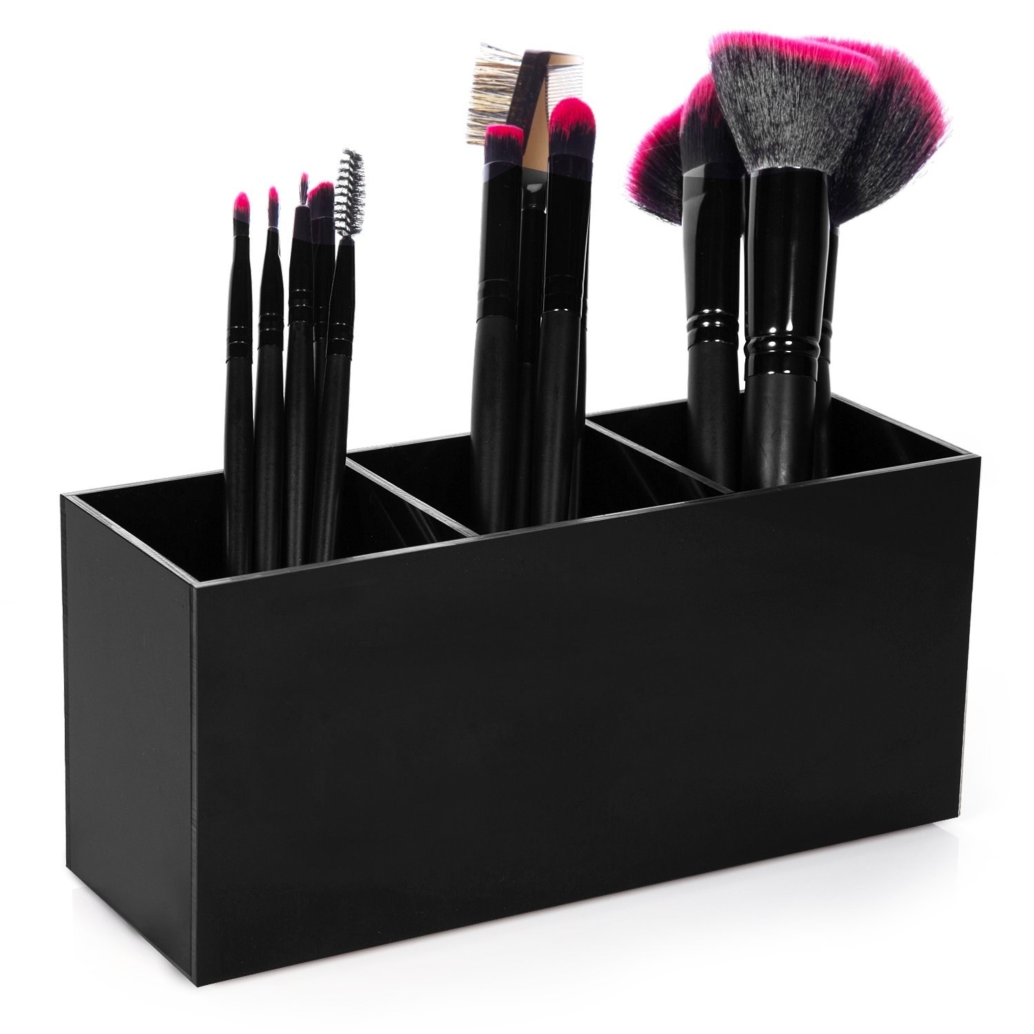 The holder in black with several brushes in each slot