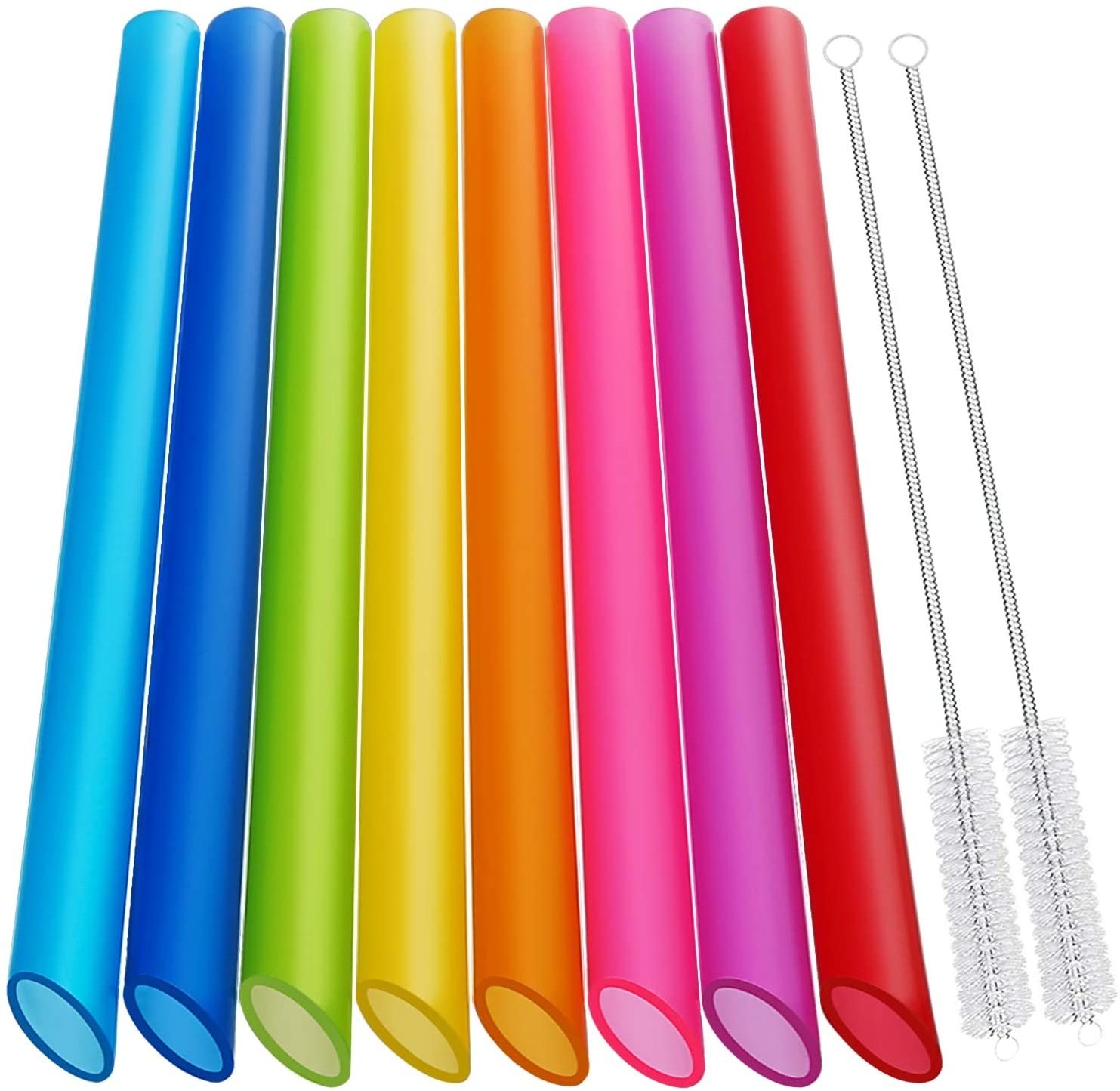 Product shot of eight jumbo straws with angled tips and two cleaning brushes