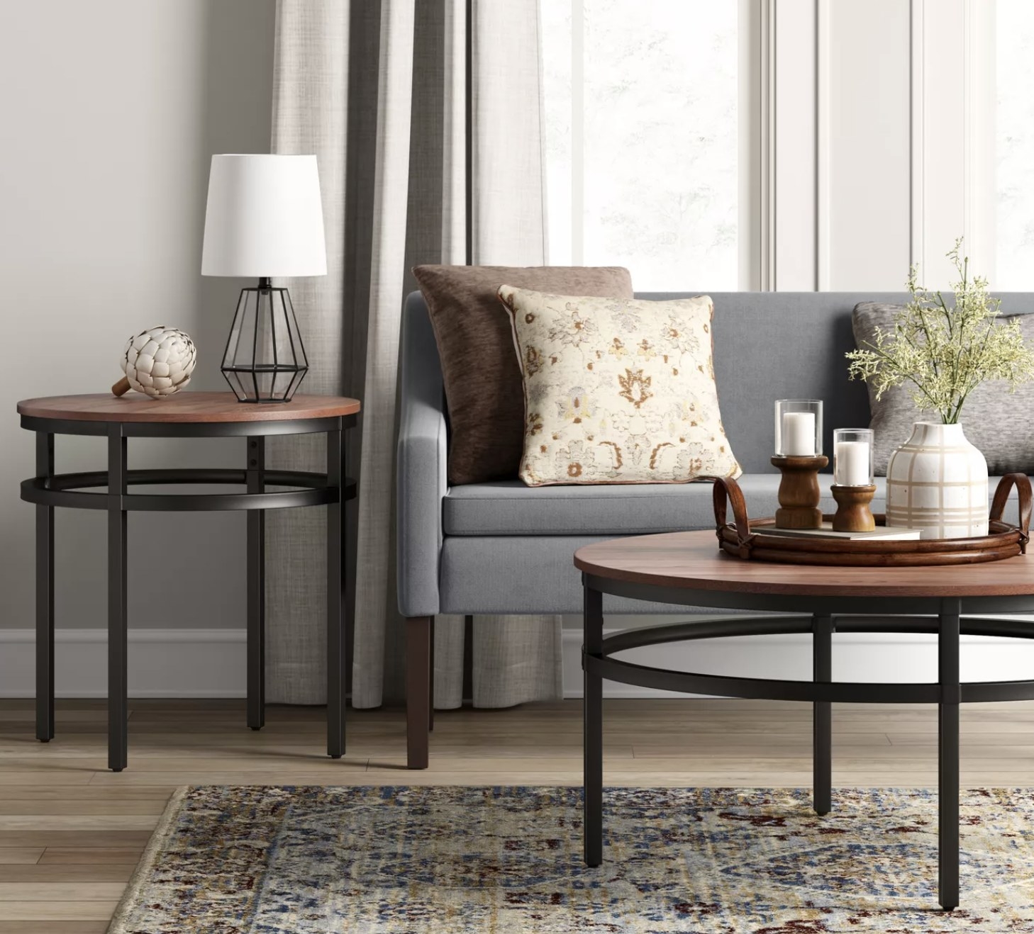 A gray upholstered bench