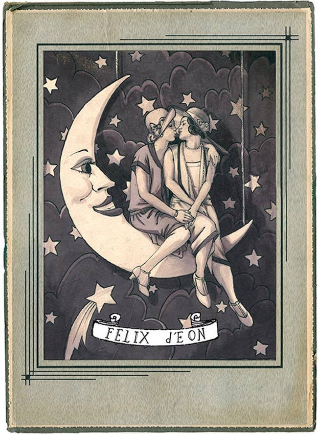 A black and white illustration of a couple in party dresses sitting on a man-in-the-moon cutout and smooching 