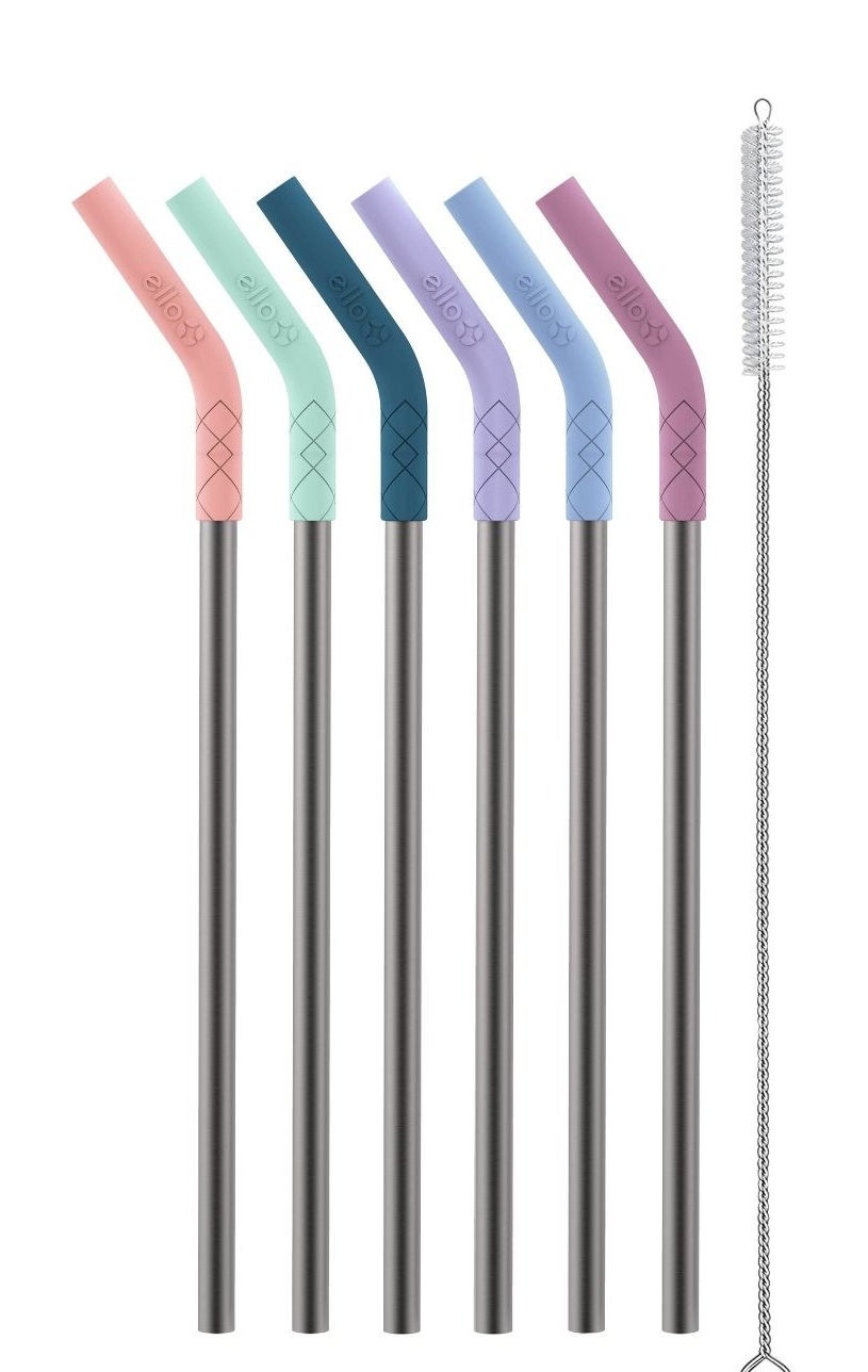 six stainless steel straws with a cleaning brush 