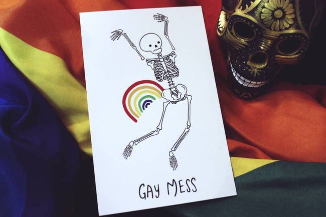 A skeleton flailing its arms around, with a rainbow by its broadside and the words