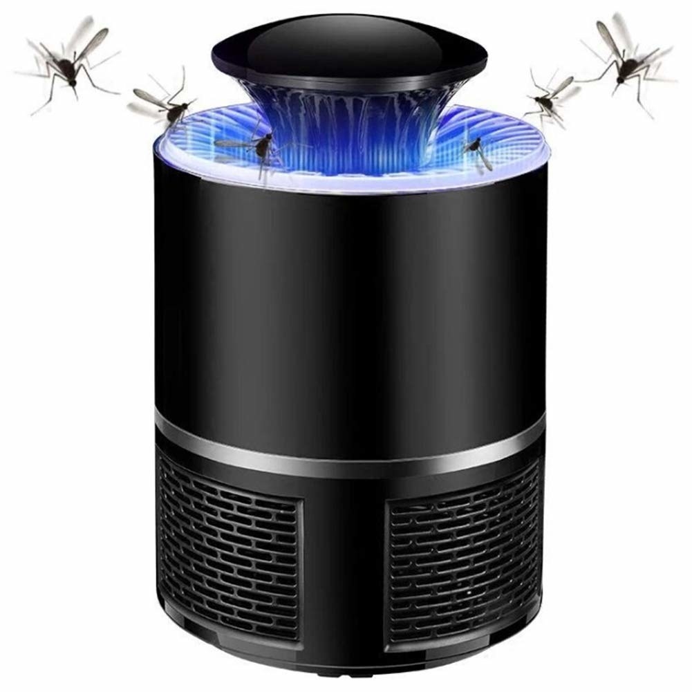 A black device with a blue LED, and mosquitoes being attracted to it.