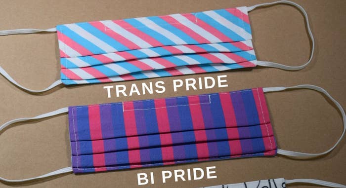 The face masks in trans pride colors and bi pride colors