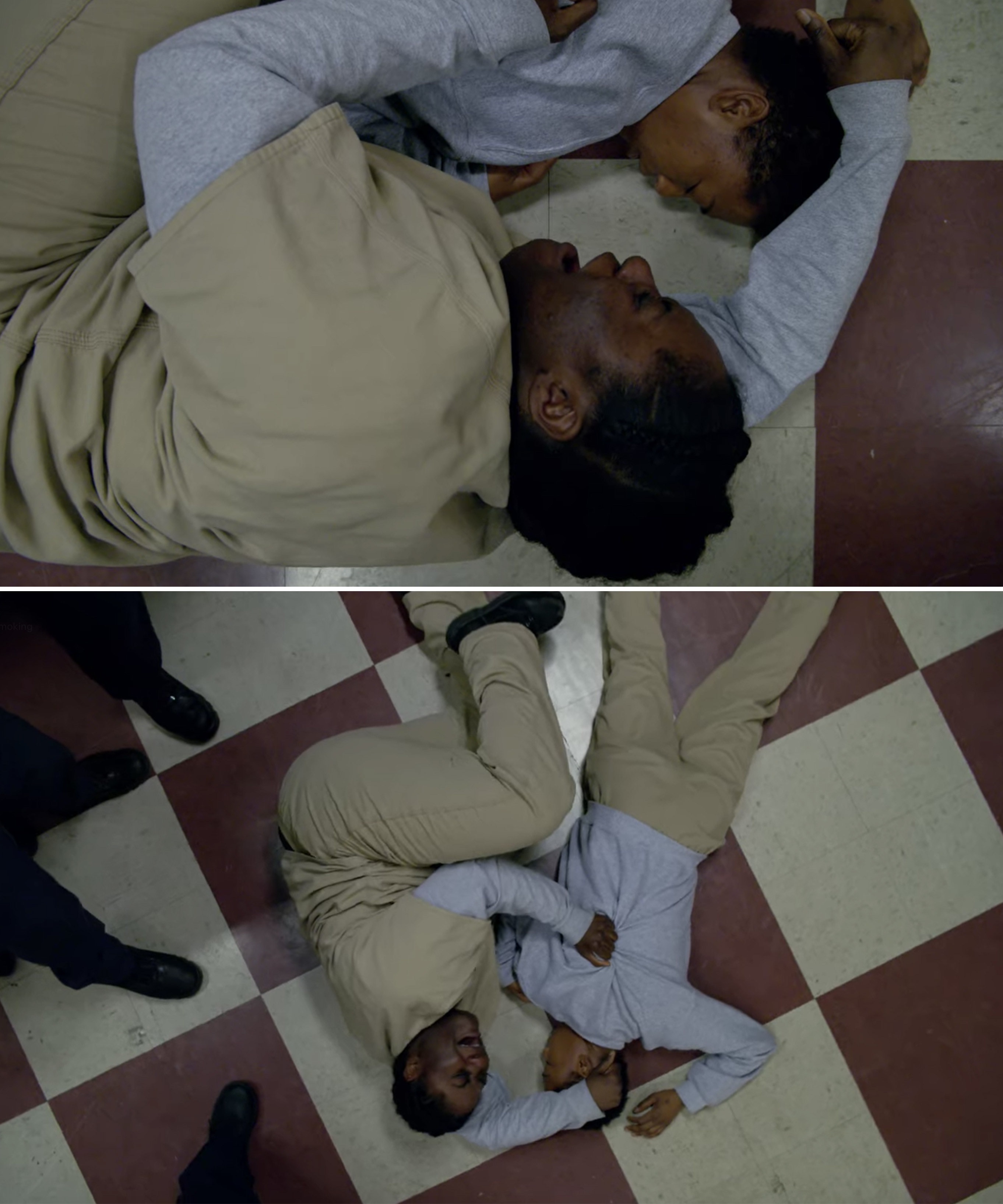 Taystee crying over Poussey&#x27;s body and curling up next to her on the floor