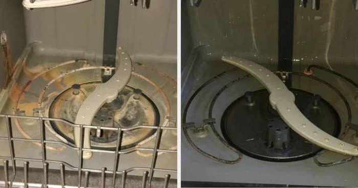 On the left, the inside of a dishwasher gunked up, and on the right, the same dishwasher, but with the gunk pretty much all gone