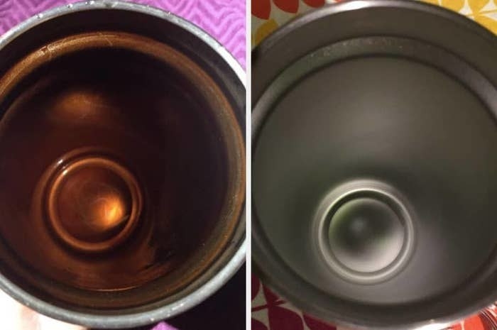 On the left, a before photo of the inside of a rusty and dirty water bottle, and on the right, the same water bottle that's shiny and clean