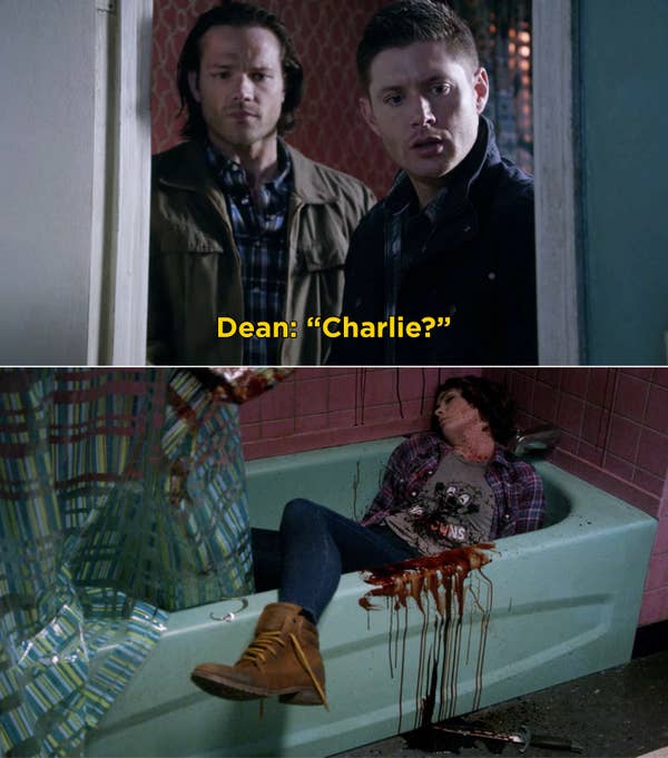 Sam and Dean finding Charlie dead in the bathtub