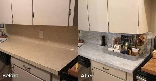 On the left, a before photo of an outdated-looking countertop, and on the right, the same countertop with a marble surface cover that looks sleek and brand new