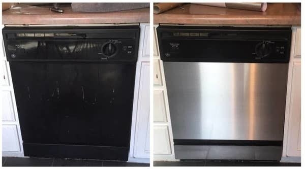 on the left, an old-looking dishwasher, and on the right, the same dishwasher with contact paper that looks like a stainless steel brand new appliance