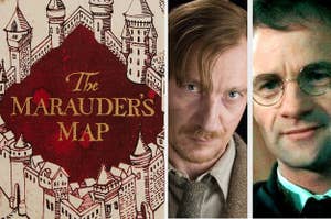 Remus Lupin and James Potter next to the Marauder's Map