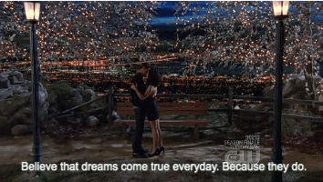 Brooke and Julian kissing on his movie set with the voiceover &quot;believe that dreams come true everyday. Because they do.&quot;