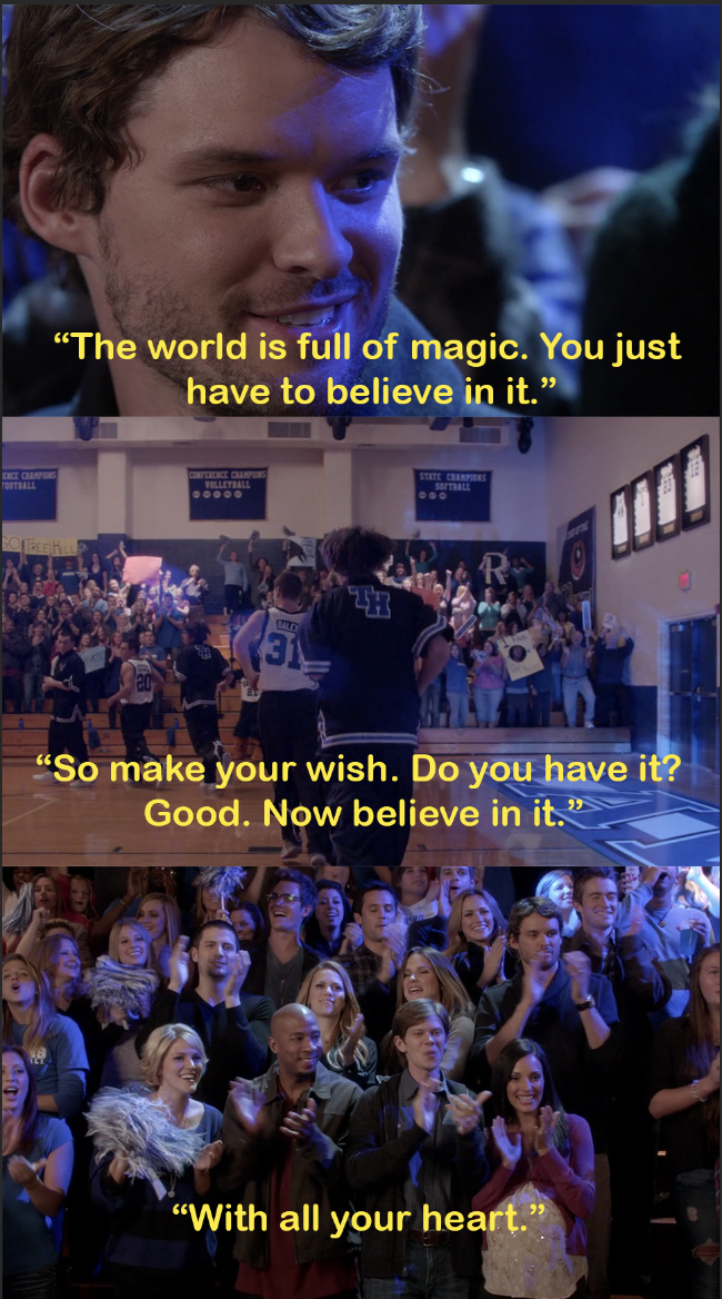 All the characters at teenage Jamie&#x27;s basketball game with the voiceover &quot;the world is full of magic. You just have to believe in it. So make your wish. Do you have it? Good. Now believe in it. With all your heart.&quot; 