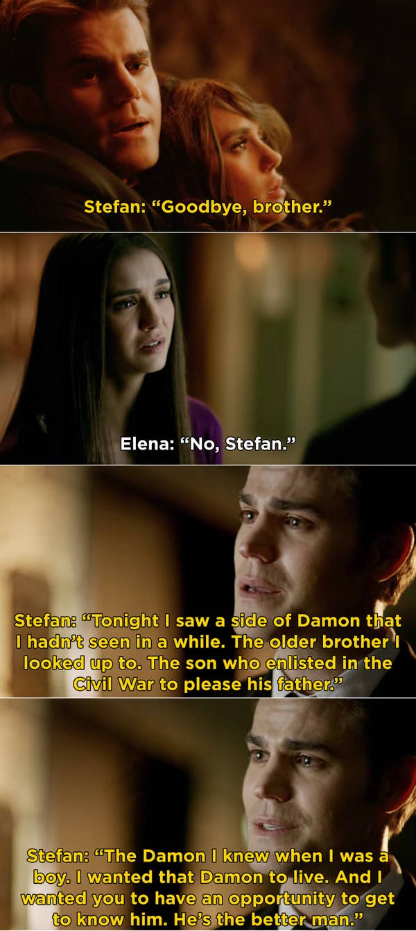 Stefan reuniting with Elena after he died and explaining why he let Damon live