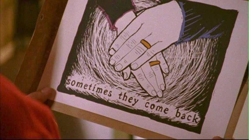 a drawing of two hands with wedding rings on them with the words &quot;sometimes they come back&quot; below