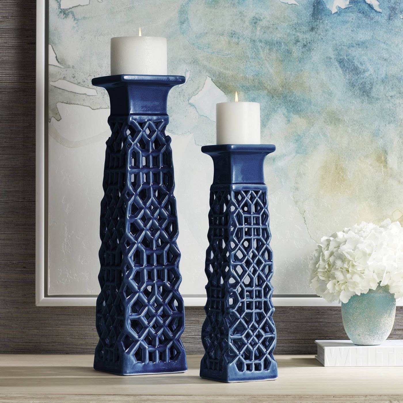 the blue candle holders 