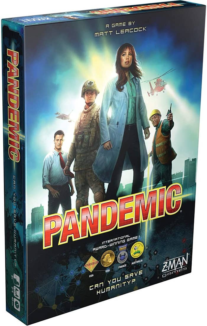 Pandemic board game box with characters featured prominently 