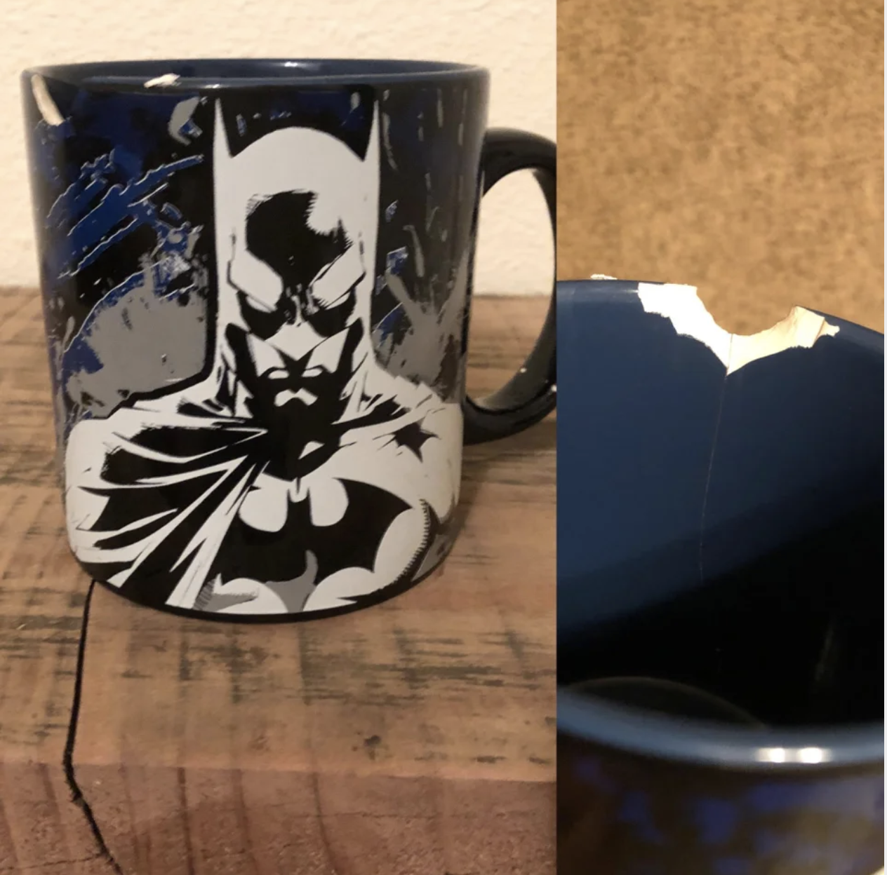 A broken Batman mug with a chipped part that looks exactly like the bat symbol