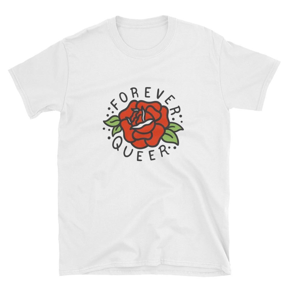 White t-shirt with an illustration of a rose and the words &quot;Forever Queer&quot; written around it