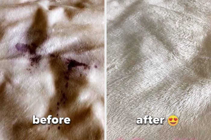 A before image of a red wine-stained plush blanket and an after with the wine stain completely gone