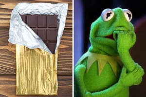 On the left, a chocolate bar is partially unwrapped on a wooden table, and on the right, Kermit the Frog bites his nails nervously