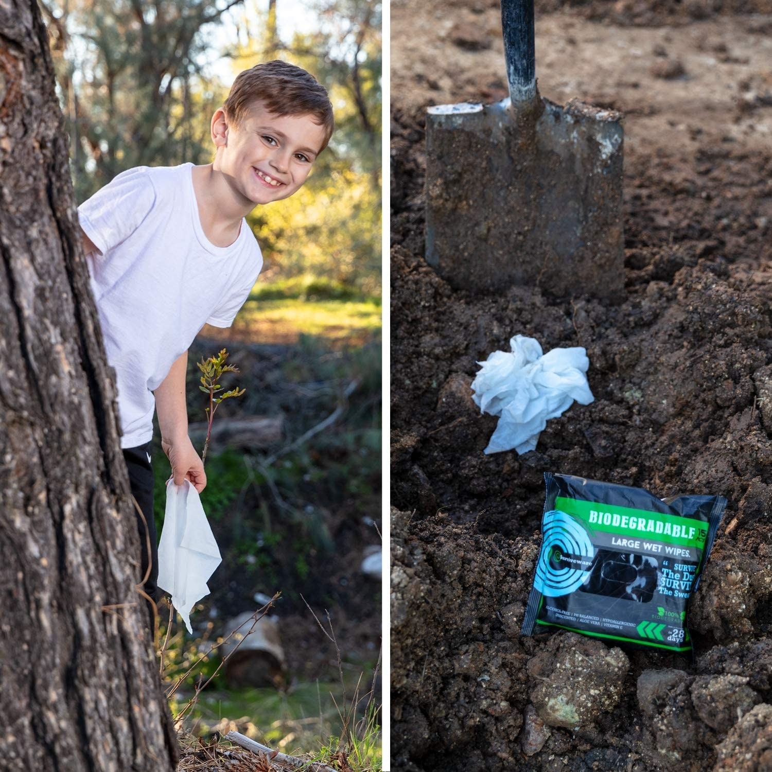 Side by side of child model holding the wipes and the wipe being buried