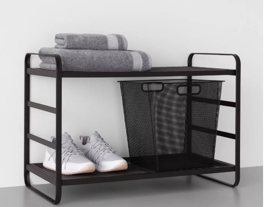 the black shoe rack with two shelves