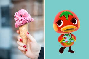 On the right, someone holds a strawberry ice cream cone in their hand, and on the right Ketchup from "Animal Crossing: New Horizons"