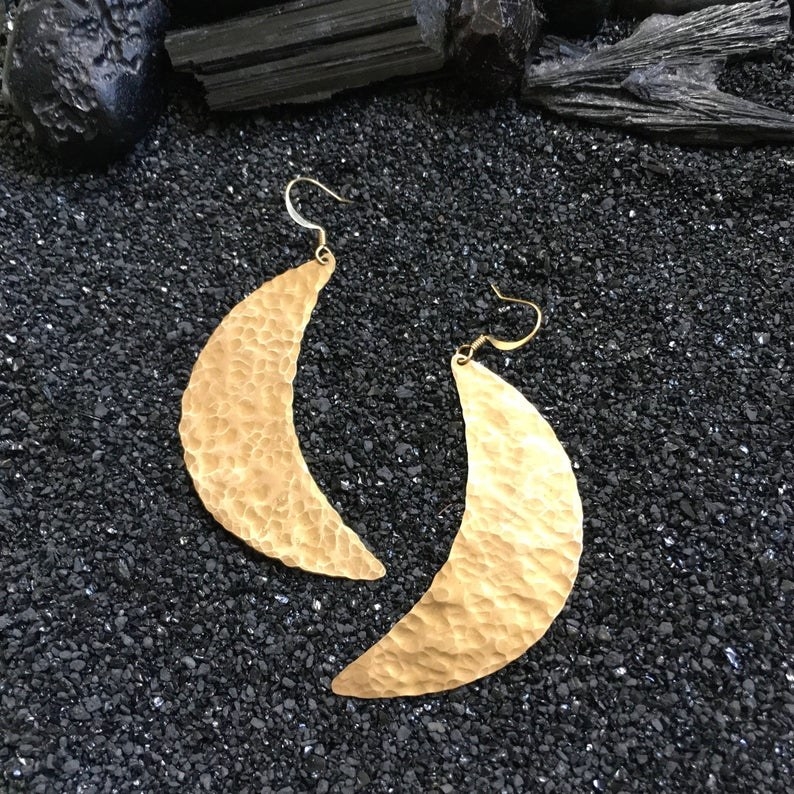 Wild Fancy Design&#x27;s hammered brass earrings in lunar moon shape 