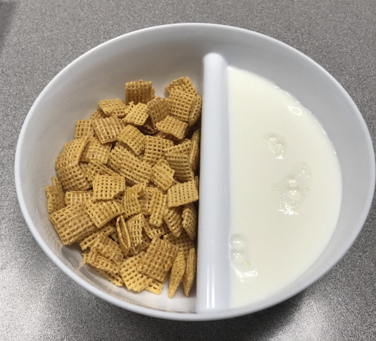 reviewer photo of white bowl with cereal on one side and milk on the other