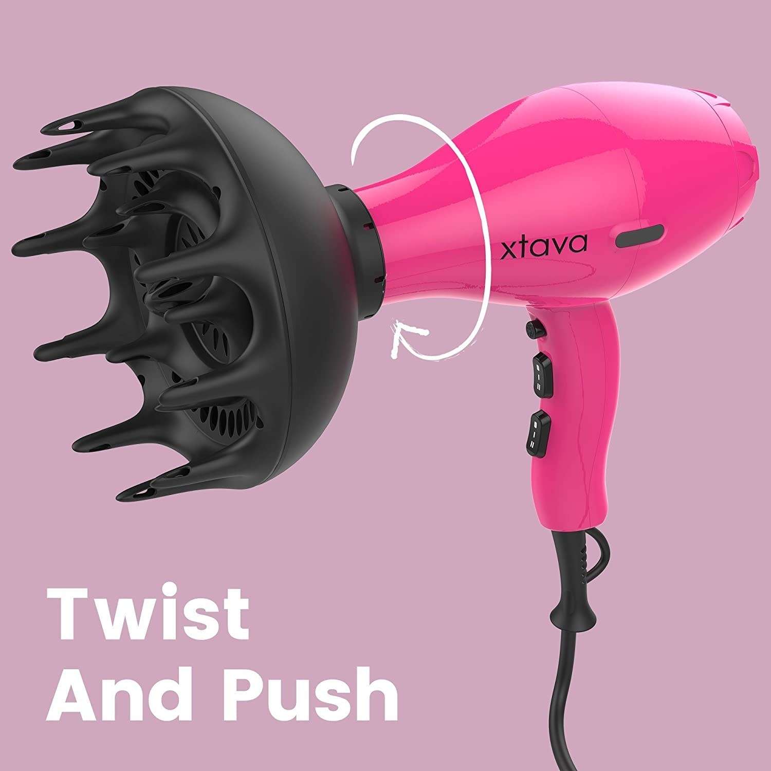 pink hair dryer with the large black diffuser 