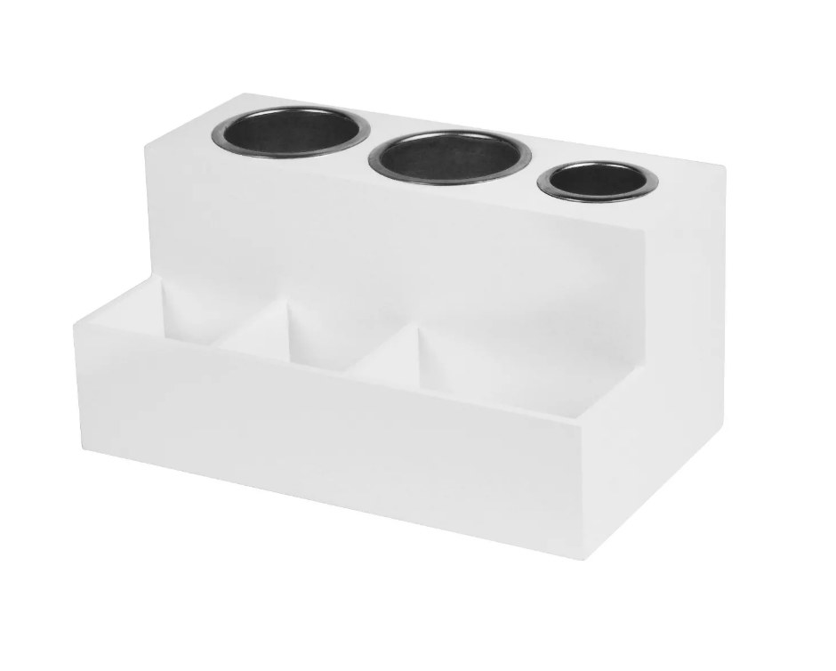 a white boxy hot tools holder with space for three tools