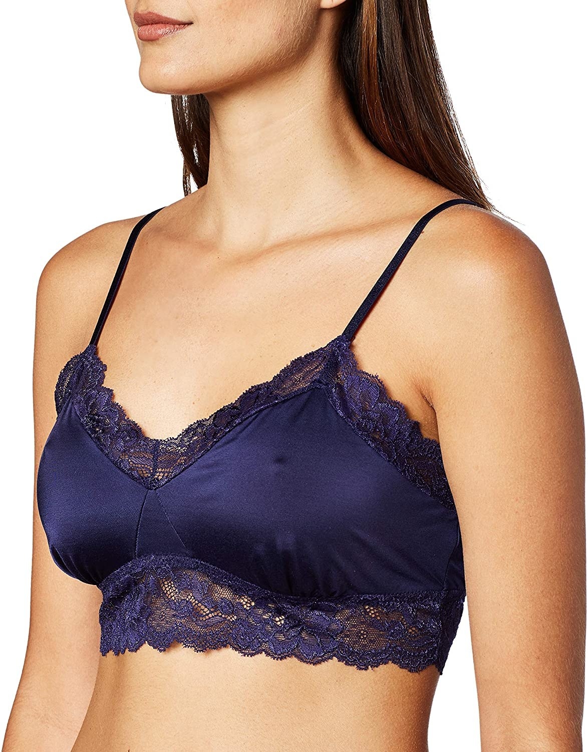 model wearing navy blue bralette with lace 