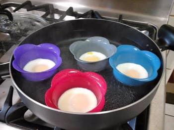 The four poachers in a pan of hot water, cooking the eggs