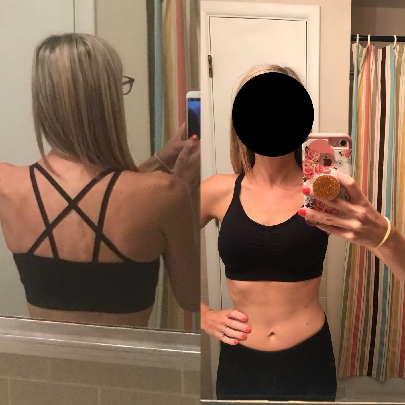 Reviewer photo of a black sports bra showing the crisscross design in the back