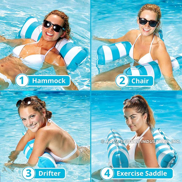 Photo showing the pool float&#x27;s uses as a hammock, chair, drifter, and exercise saddle
