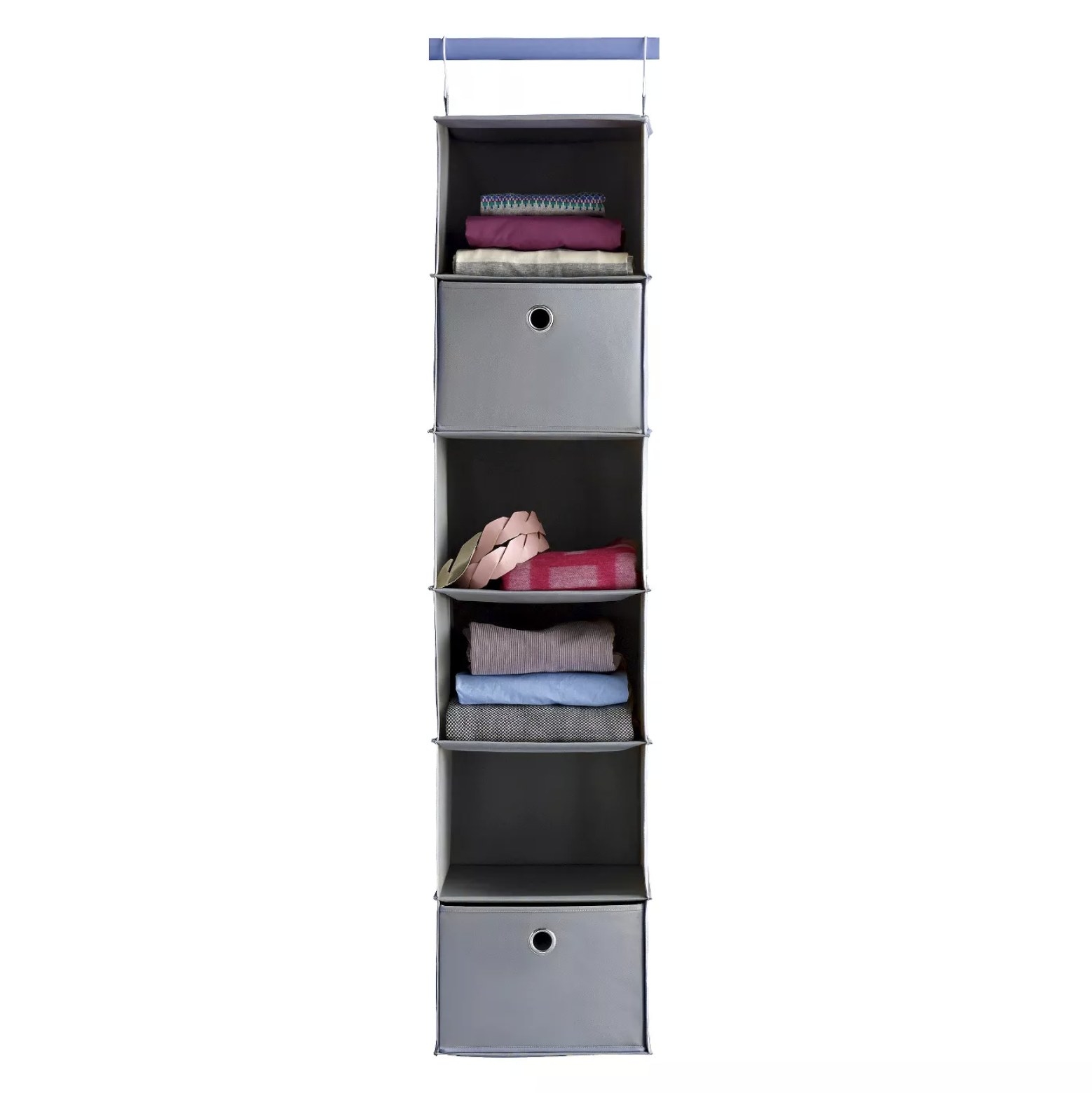 The fabric shelf-hanging organizer with six compartments 