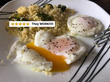 A plate of two poached eggs (one cut open with a runny yolk) and some grains, with five/five stars and the text 