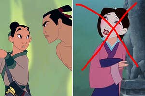 On the left, Mulan is disguised as Ping as Li Shang looks at her intensely while singing "I'll Make a Man Out of You" in "Mulan," and on the right, Mulan sings "Reflection" and a bold "x" crosses out the photo
