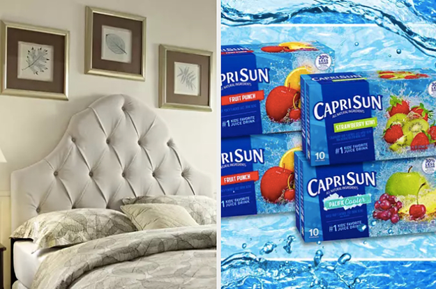 split thumbnail of beige tufted headboard, Capri Sun boxes