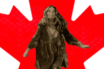 A gif of a person dancing in from of a maple leaf 