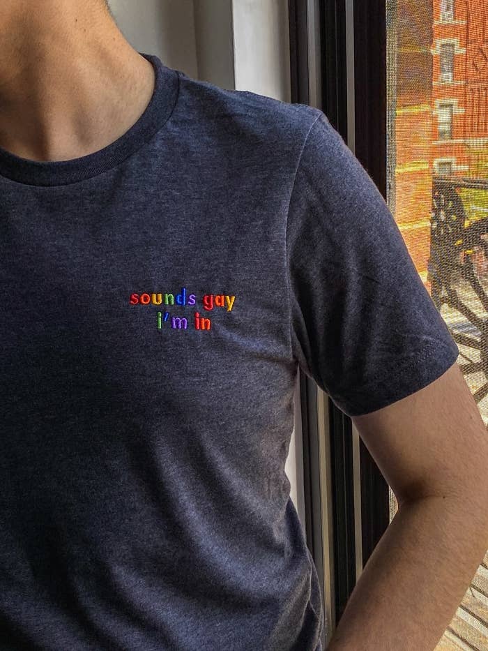 Model wearing blue t-shirt with the phrase &quot;sounds gay i&#x27;m in&quot; embroidered in rainbow colors on the left chest