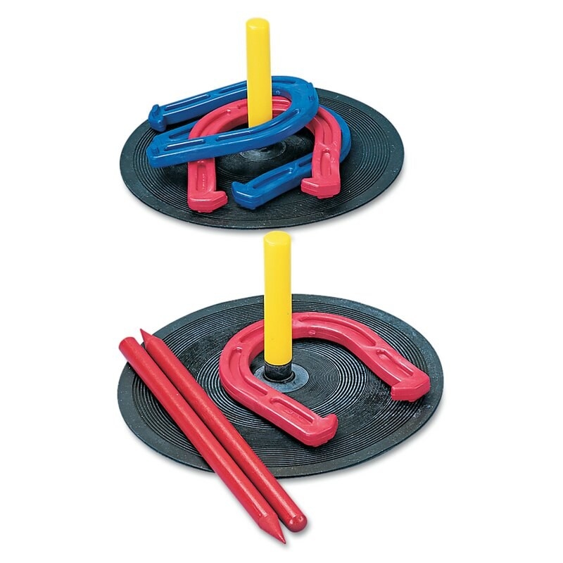A blue and red set of horseshoes, black rubber mats with yellow pegs and red plastic dowels