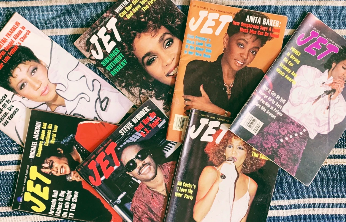 Seven different Jet magazine issues laid out 