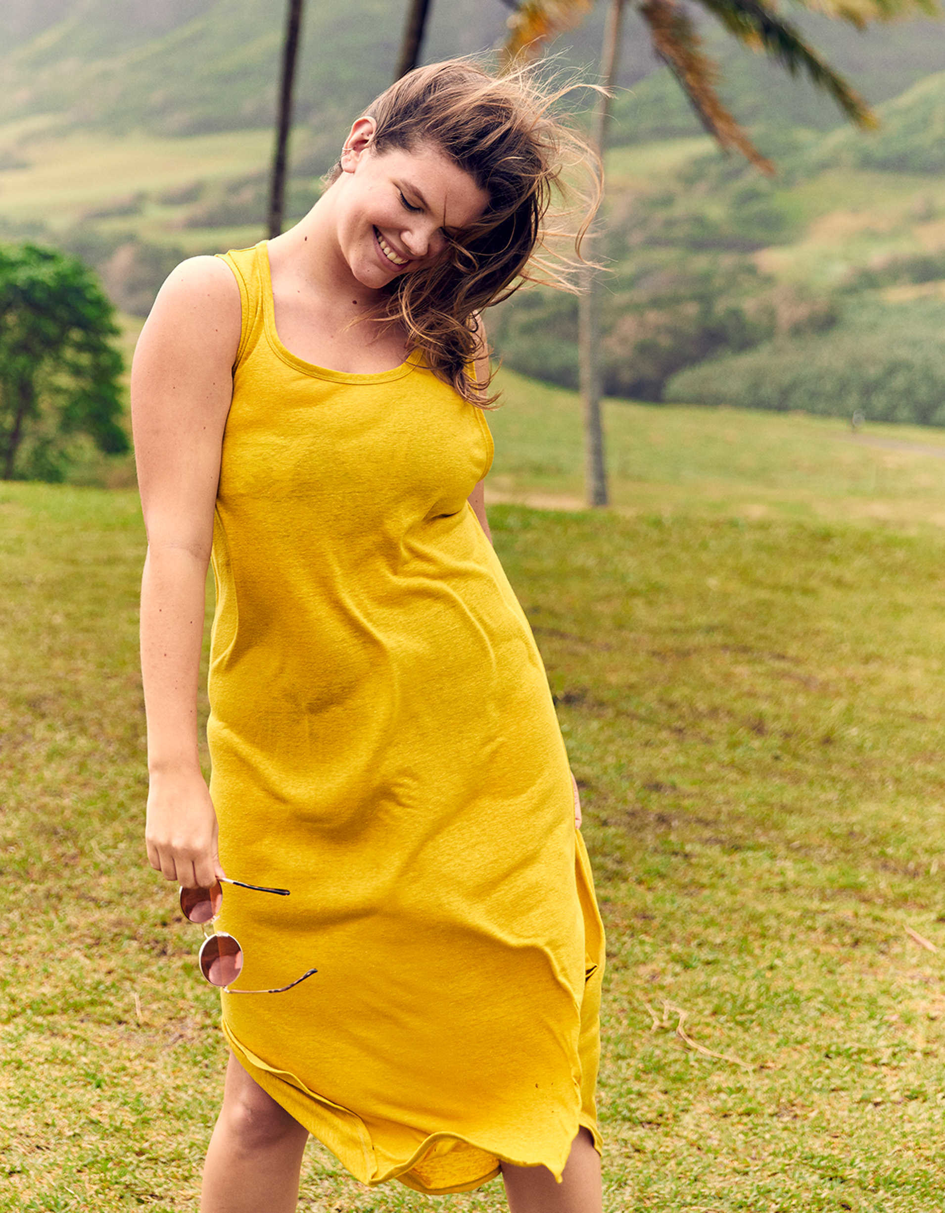 model in yellow midi t-shirt tank dress