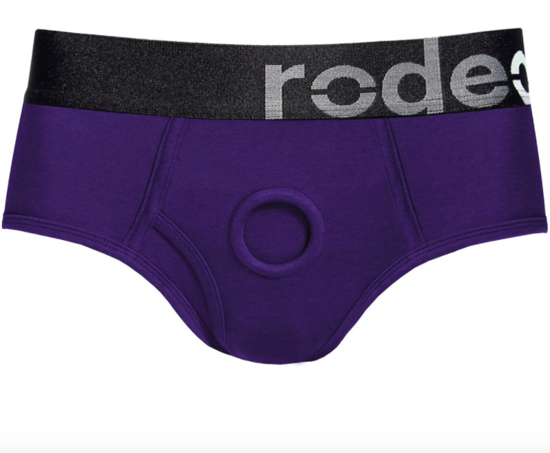 A purple harness and packer pair of briefs 