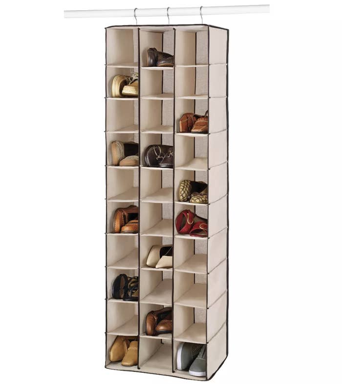 a hanging shoe rack with 30 open cubbies