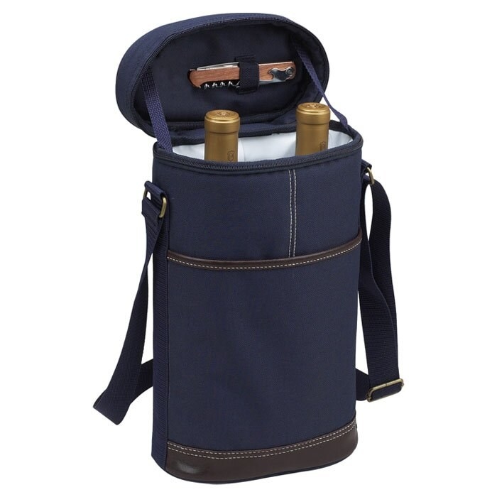 A denim-colored insulated bag with leather trim holding two bottles and an opener