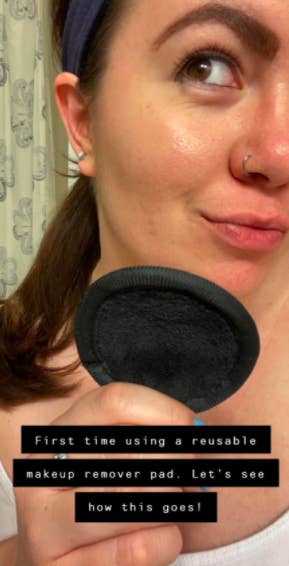 Reviewer with makeup before using reusable makeup remover pads